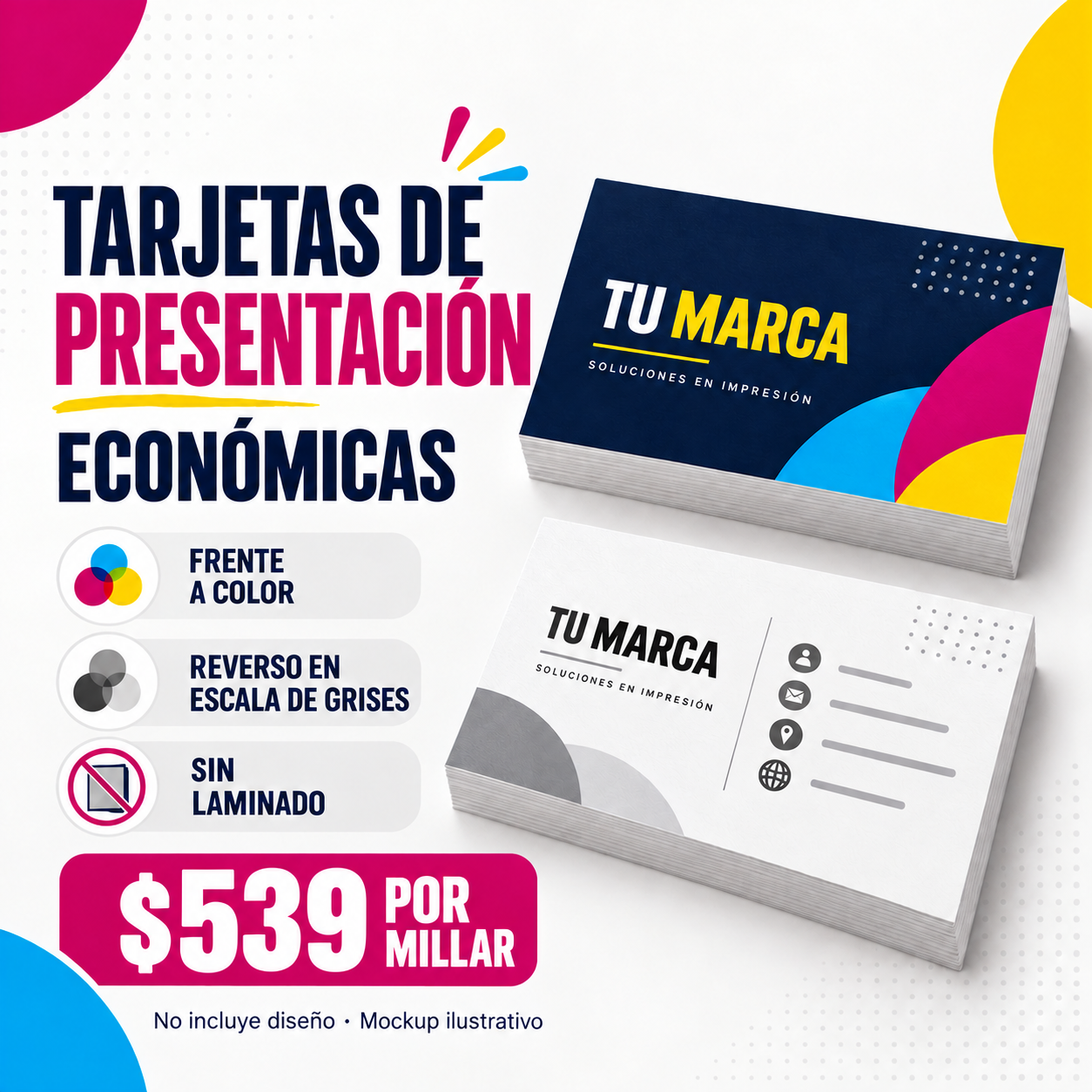 Mockup de tarjeta económica: frente a color, reverso en escala de grises y sin laminado