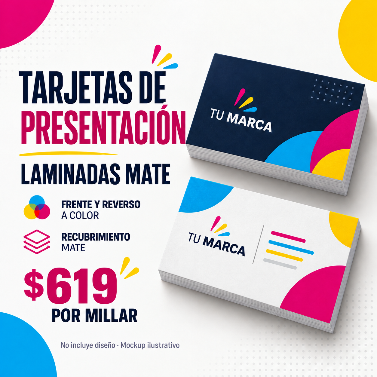 Mockup de tarjeta laminada mate: frente y reverso a color
